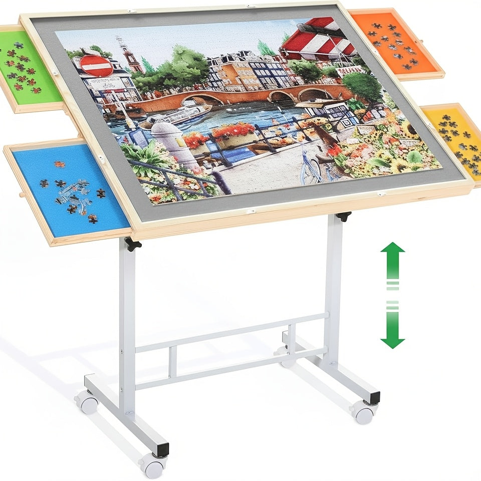 Adjustable Height Puzzle Table with Tilt Board And Sorting Trays, 35 X 26 Inches Large Puzzle Table for Up to 1500pcs, Smooth 28.4-35.4 Inch Height Range, Rolling Wheels, Stable Metal Frame, Portable Puzzle Station for Adults Seniors