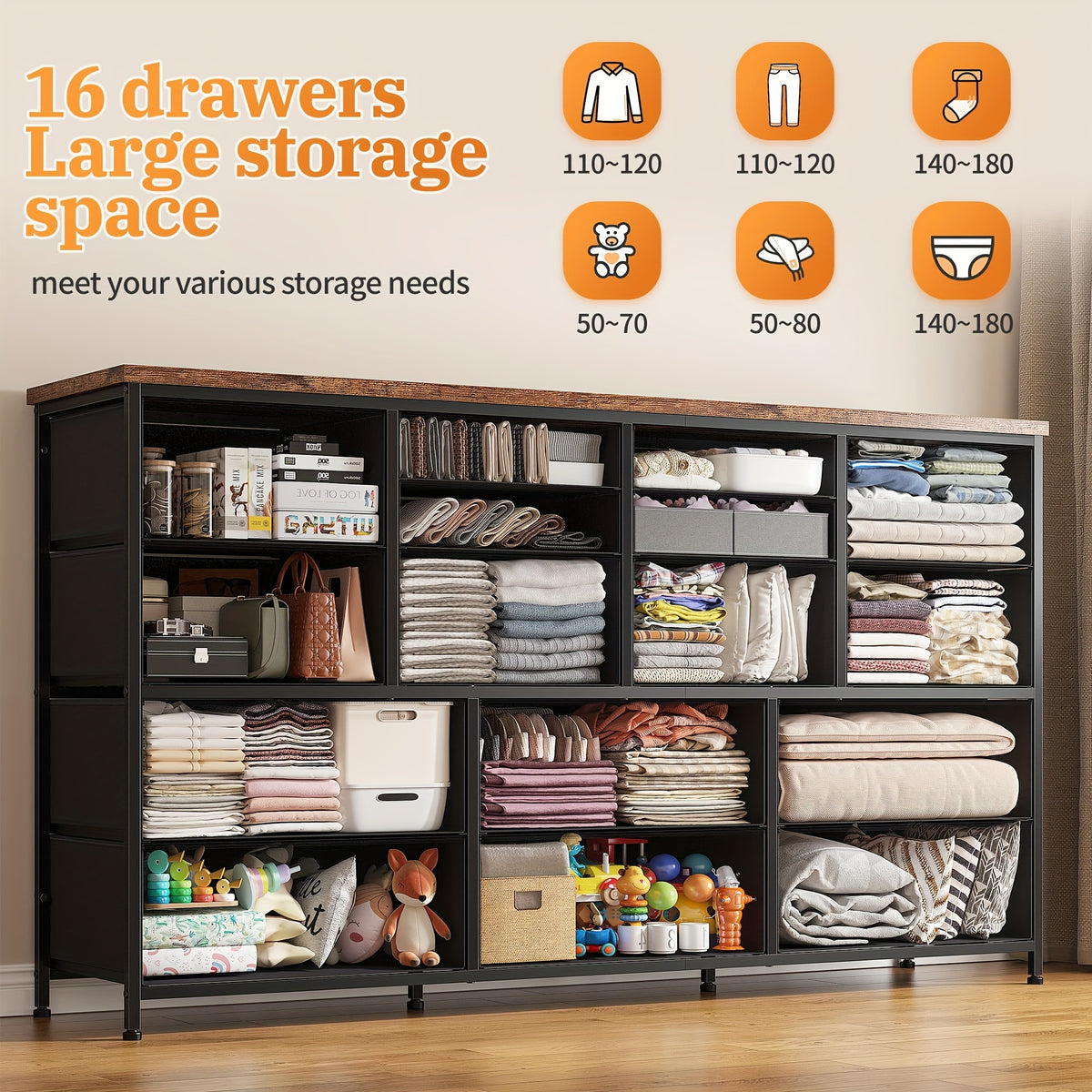 TV Stand Dresser for 60" TV Stand with Charging Station TV Stands for Living Room Long Dresser for Bedroom TV Stand with 16 Drawers Storage TV Stand for Bedroom Dresser 51.1''W X 11.8''D X 34.8''H