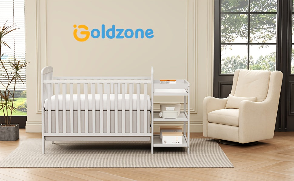 Goldzone 4-in-1 Convertible Baby Crib, Wooden Baby Stuffs Converts Into Toddler Bed with Changing Table, Newborn Essential Items Full Size Nursery Decor Cribs, Adjustable Heights, Item Weight: 56lbs, Maximum Weight Recommendation: 50lbs