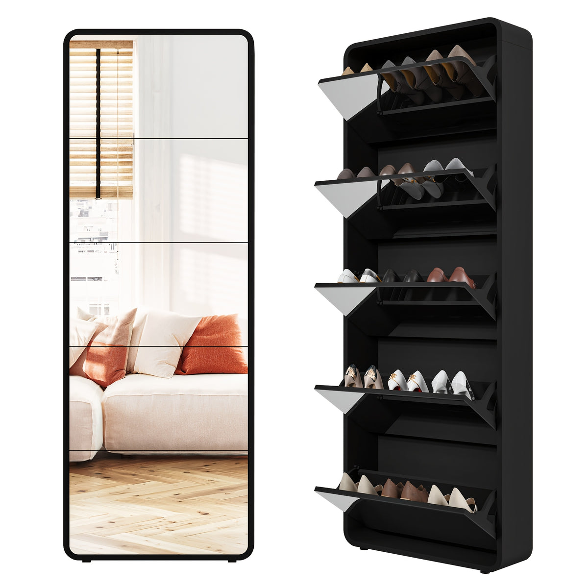 Organizedlife 1Set Shoe Storage Cabinet For Entryway, 5 Tiers Full Length Mirror Shoe Organizer, Wooden Narrow Shoe Closet, Black Shoe Cabinet Shoe Rack For Front Door Entrance, Outdoor