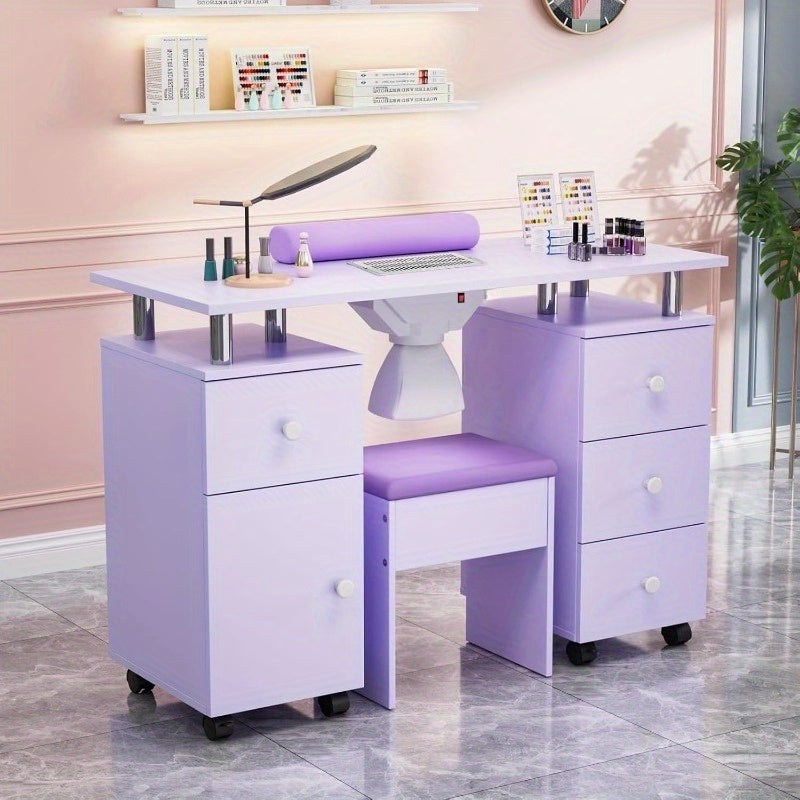 Professional Nail Desk and Chair Set with Stool - Heavy-Duty Mobile Manicure Station w/Dust Collector, Acetone-Resistant Desktop, 4-Wheel Rolling Cart & Storage Drawers - Heavy-Duty Nail Tech Table for Salon, Home, or Spa - (White/Black/Lavender/Mint Gree