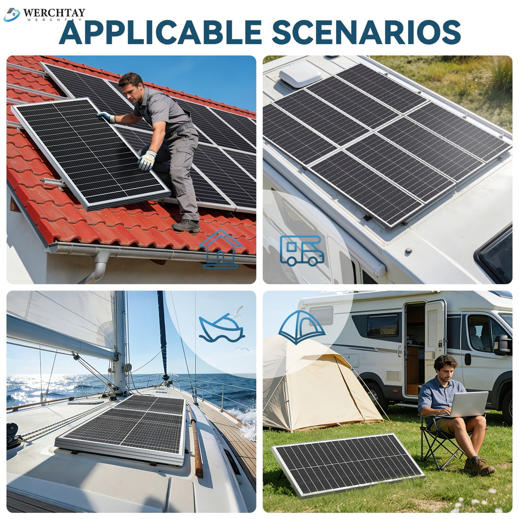 Werchtay 400W Solar Panels, 4×100W 25.5% High-Efficiency Monocrystalline Solar Panel, Waterproof PV Module for RV, Marine, Rooftop, Farm Battery, and Other Off-Grid Applications (4*100W) - Summer Early Bird Special