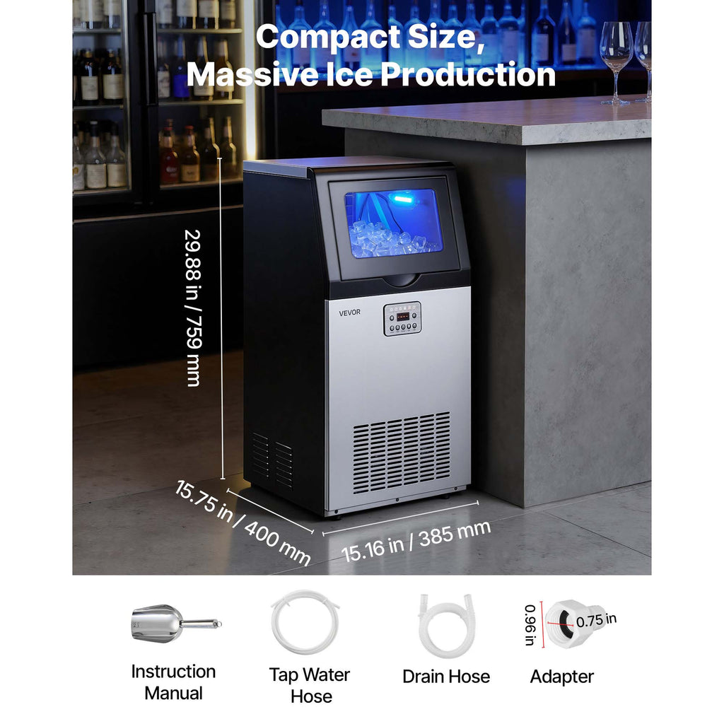 VEVOR Commercial Ice Maker Machine, 100 lbs/24h with 30 lbs Storage Capacity, Built-in/Freestanding/Under Counter, Stainless Steel Ice Maker with LED Display & Self-Cleaning, for Home Bar Restaurant