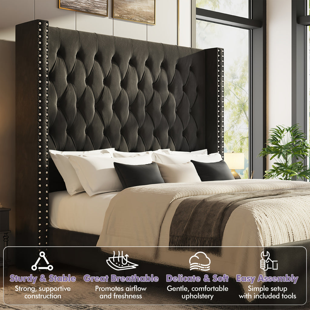 LUXOAK 60 Inch Tall Velvet Bed Frame With Tufted Wingback Headboard, Solid Wood Legs And Slat Support, No Box Spring Needed