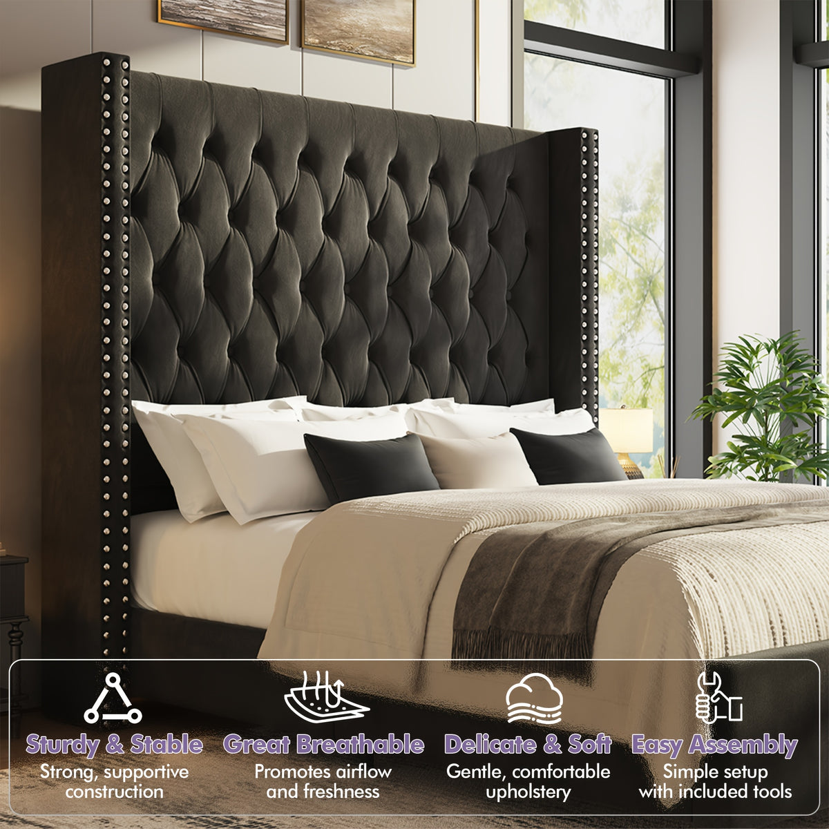 LUXOAK 60 Inch Tall Velvet Bed Frame With Tufted Wingback Headboard, Solid Wood Legs And Slat Support, No Box Spring Needed
