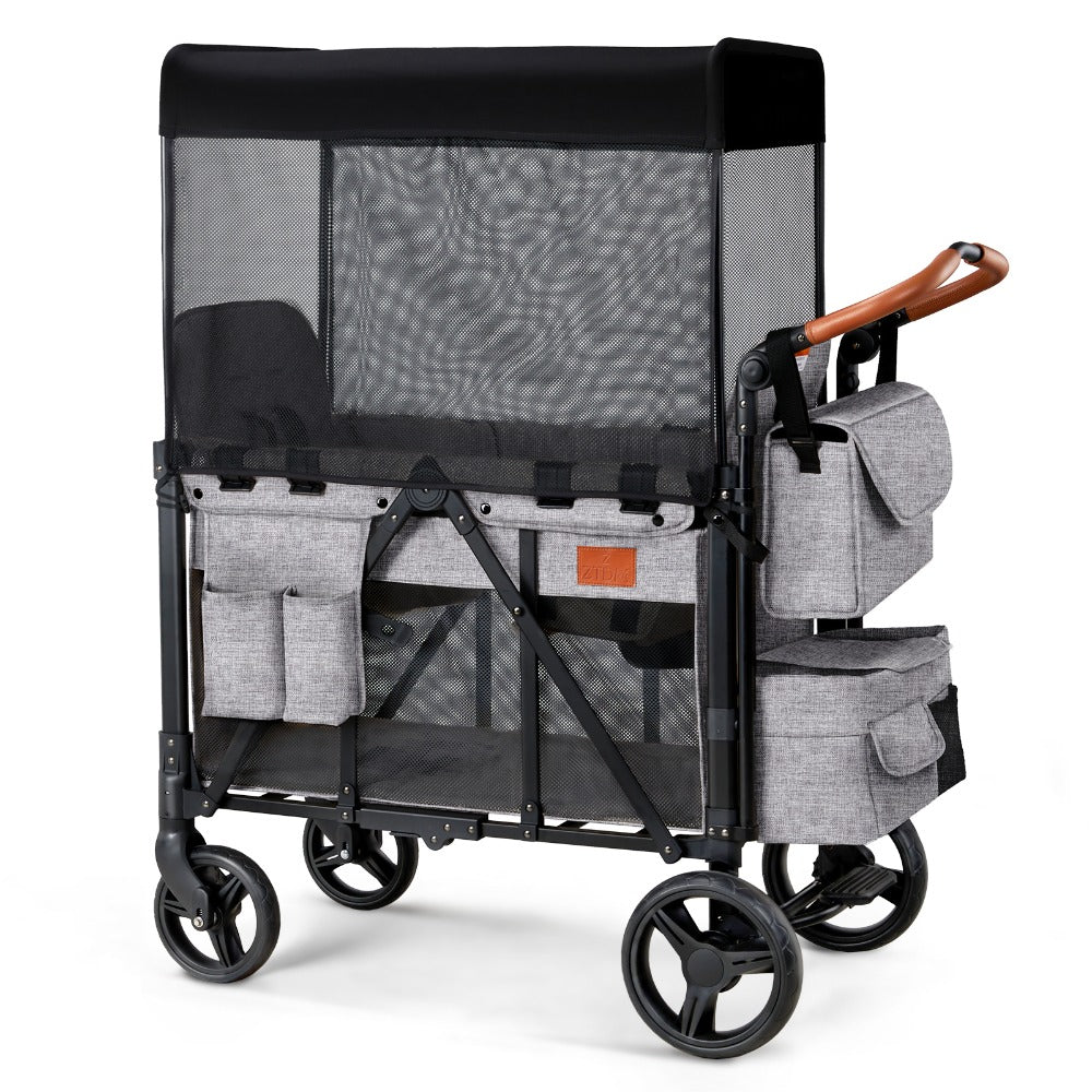 Joymor Foldable Wagon Stroller for 2 Kids, All-Terrain Stroller with Storage Bags And Safety Belts, Sport Stroller Wagon for Children, Shock-Absorbing Wheels And Removable Canopy, for Outdoor