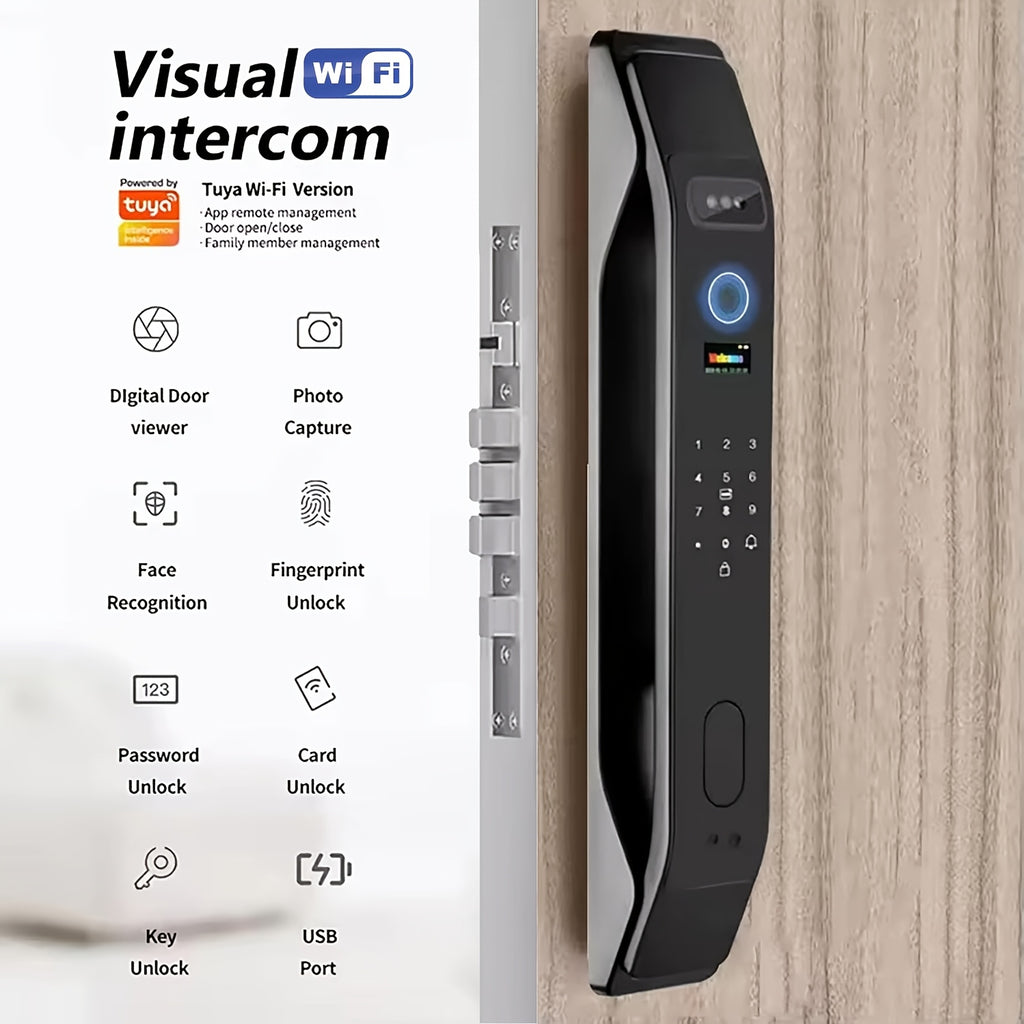 Modern AI Smart Lock with 3D Facial & Fingerprint/Palm Vein Biometric Entry, Keyless Door Lock Suitable for Home/Office, Remote Video Intercom System, Mobile App, Password/Key Entry, Smart Door Lock for Apartments