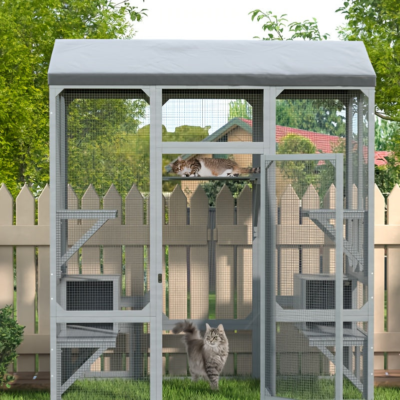 72 Inch Catio Outdoor Cat Enclosure, Large Cat House for Mulitiple Cats Walk in Cat Cage with Cover and Sunshine Panel Roof, Feral Cat Shelter with 7 Platforms and 2 Resting Box
