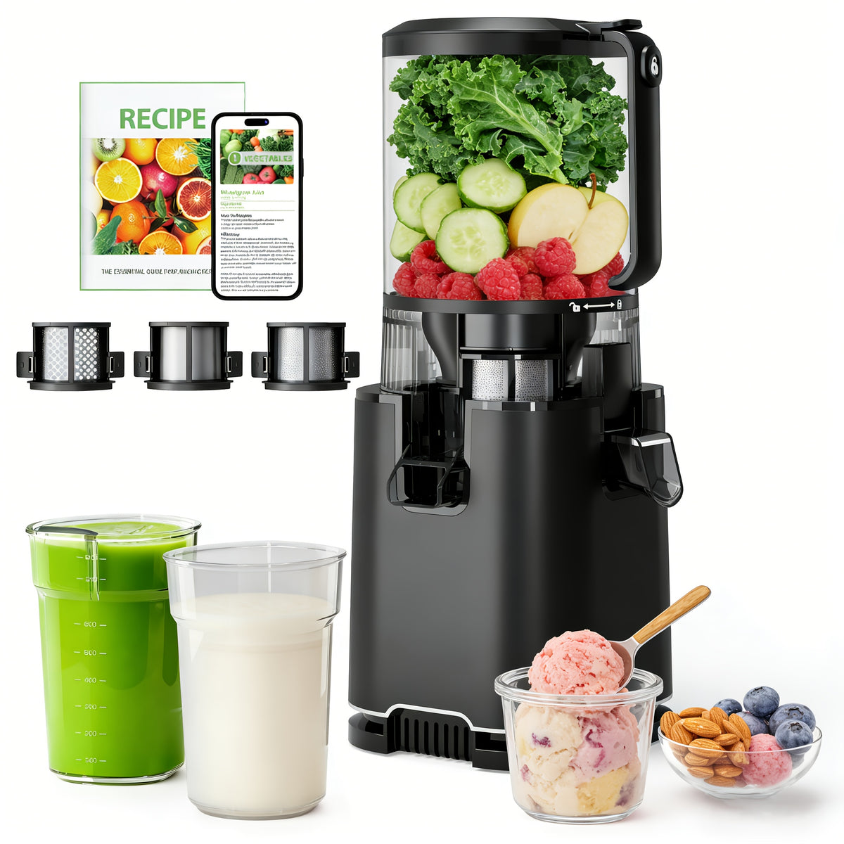 6" Wide Mouth Slow Juicer, 3-in-1 with 3 Interchangeable Filters, for Juice/Sorbet/Nut Milk, Hands-Free & Easy Clean, 3-in-1 with 3 Interchangeable Filters