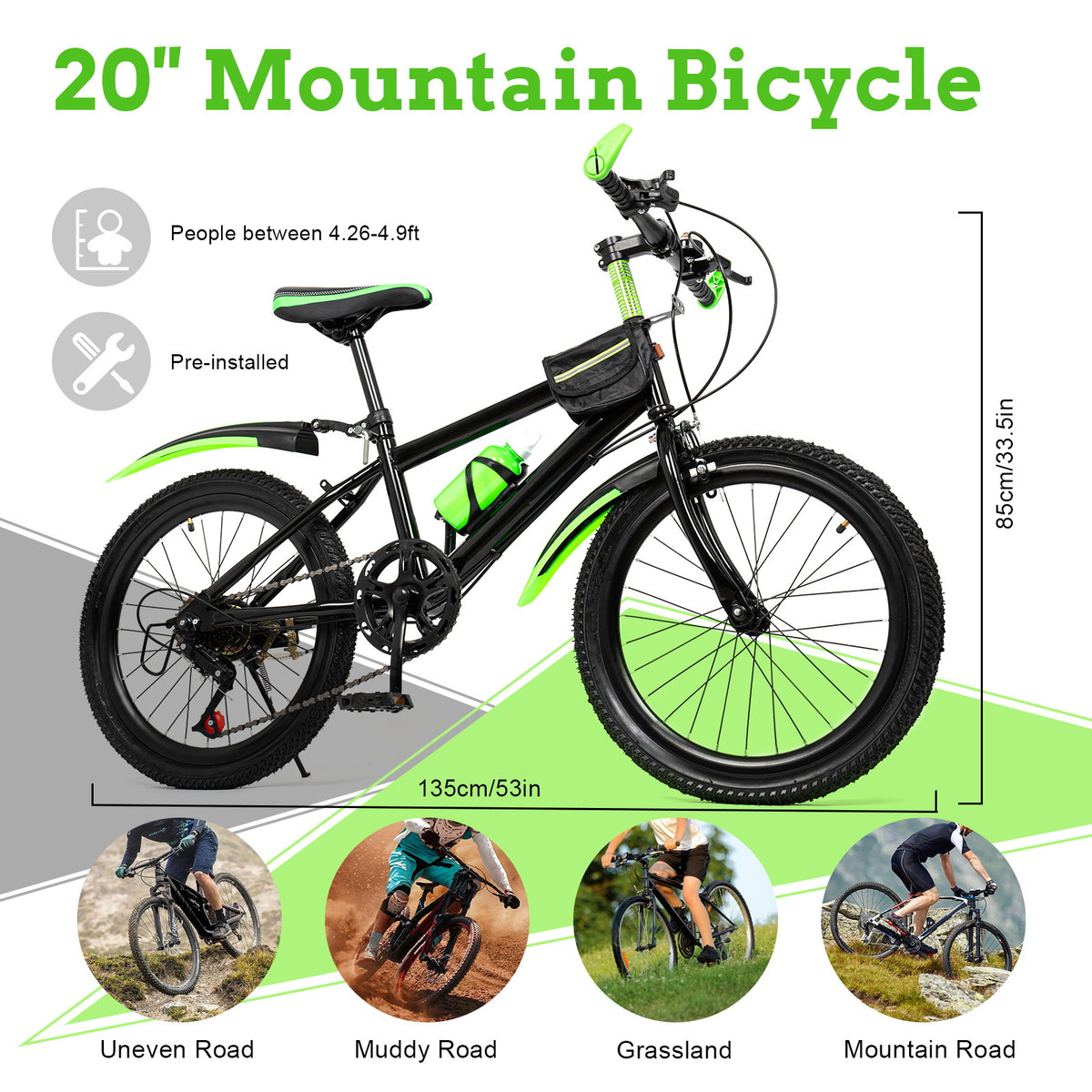 20 Inch Mountain Freestyle BMX, Multi-speed Transmission, Maximum Load Capacity Of 49.4gal, Suited for User 4.26 to 4.9 Feet Tall to Ride On Various Roads, Such As Rugged Roads, Muddy Roads, Grasslands, Mountain Roads, Wetlands, Etc(NOTICE SIZE)