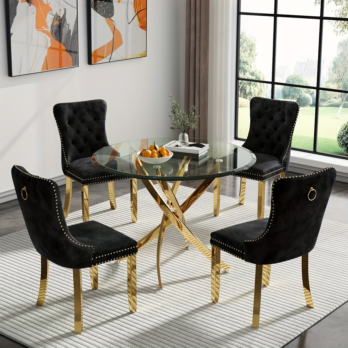 5/3/1pc Round Dining Table Set, Modern Tempered Glass Dining Table With Velvet Dining Chairs, 36" Kitchen Table With Stainless Steel Base For Living Room, Dining Room, Kitchen, Office, Lounge