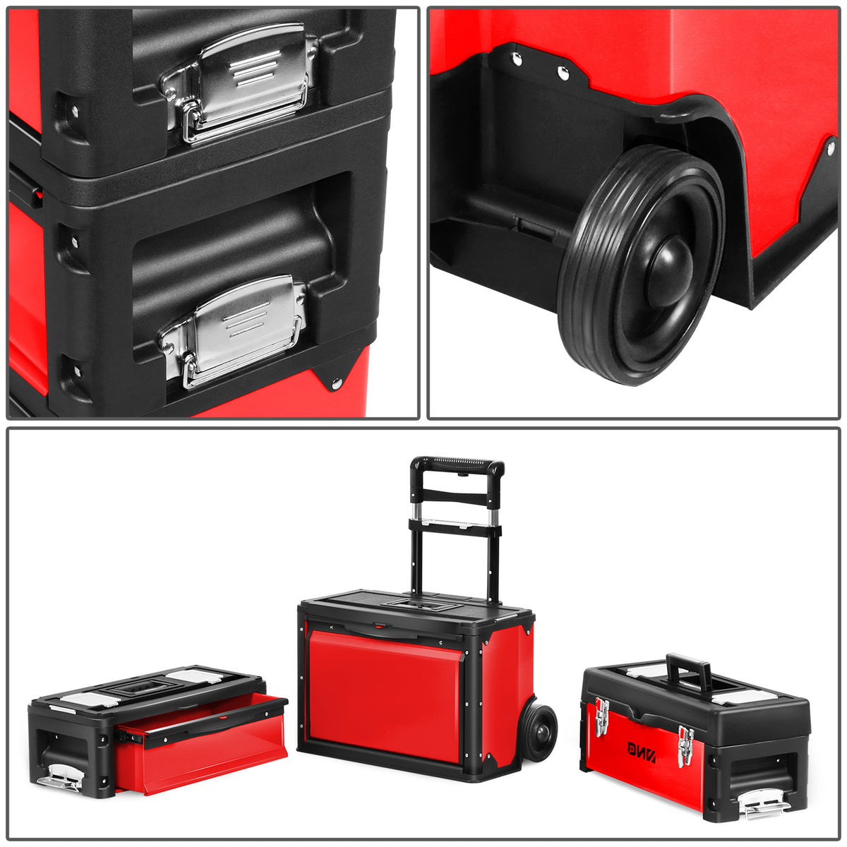 3-Tier Stackable Separate Hand Case Tool Boxes Trolley, 3-in-1 Storage Compartments, 19.5" x 12" x 28.5"