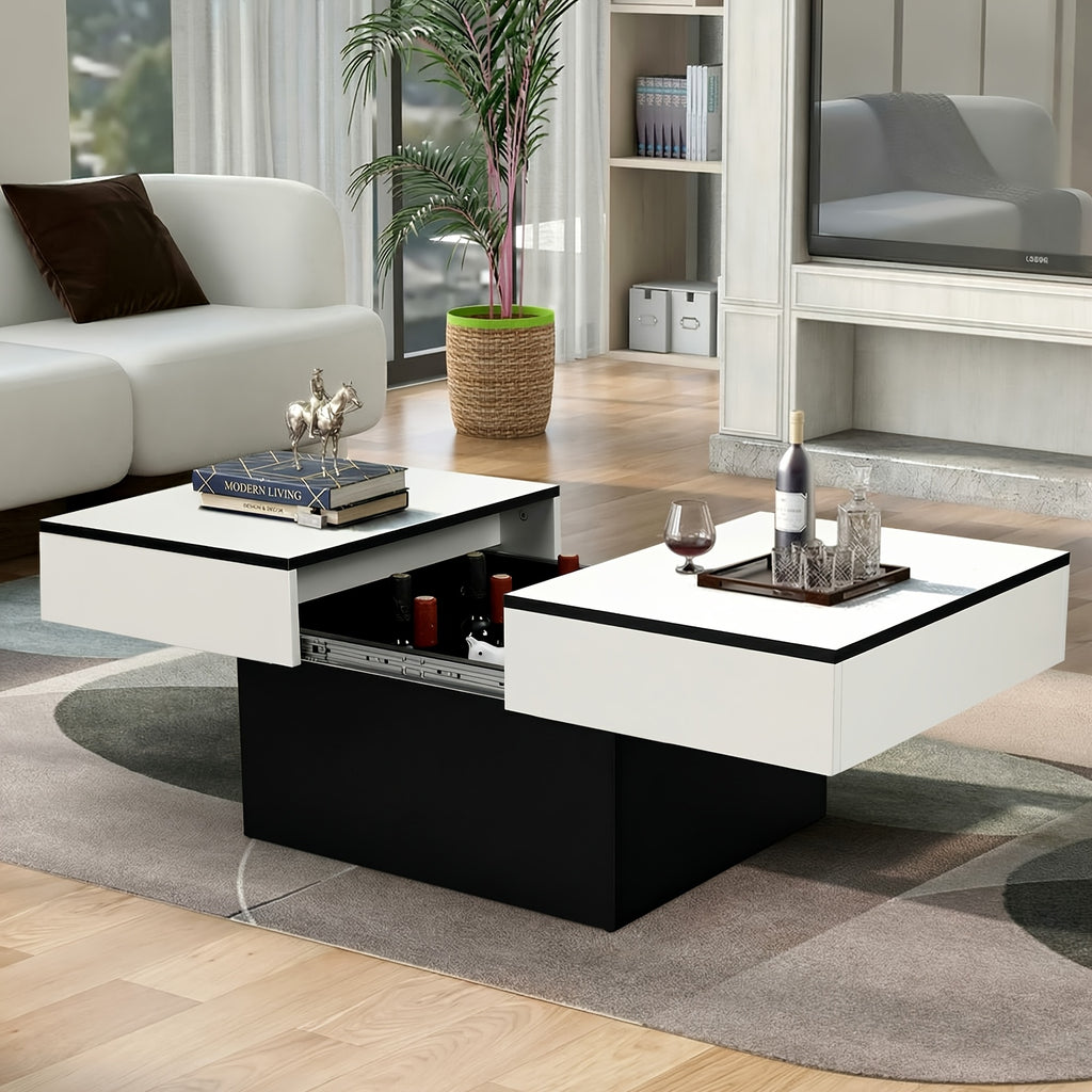 Modern Coffee Table with Sliding Marble Top and Hidden Storage