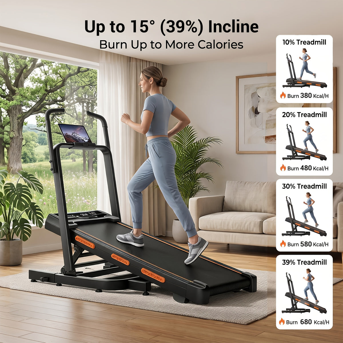 39% Incline Folding Treadmill for Tall Users, 3.0HP Quiet Motor, 350 Lbs Capacity, 6.2 MPH, Elevated Dual Handle Bar and Suction Tablet Holder