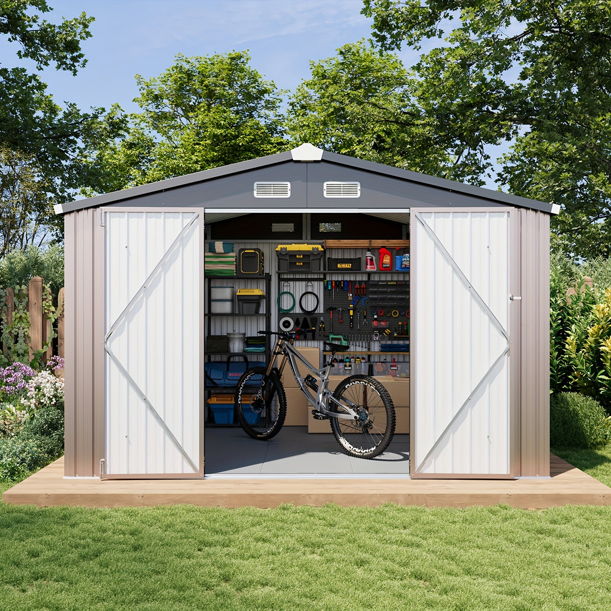 ULSMVOC 12X20X9.3/10X12/6X4 FT Metal Storage Shed - Outdoor Garden Shed Kit, Lockable Tool Shed, Backyard Shed with Double Hinged Doors, 4 Windows, Carport for Car, Truck, Bike And Lawn Mower & Equipment, Brown