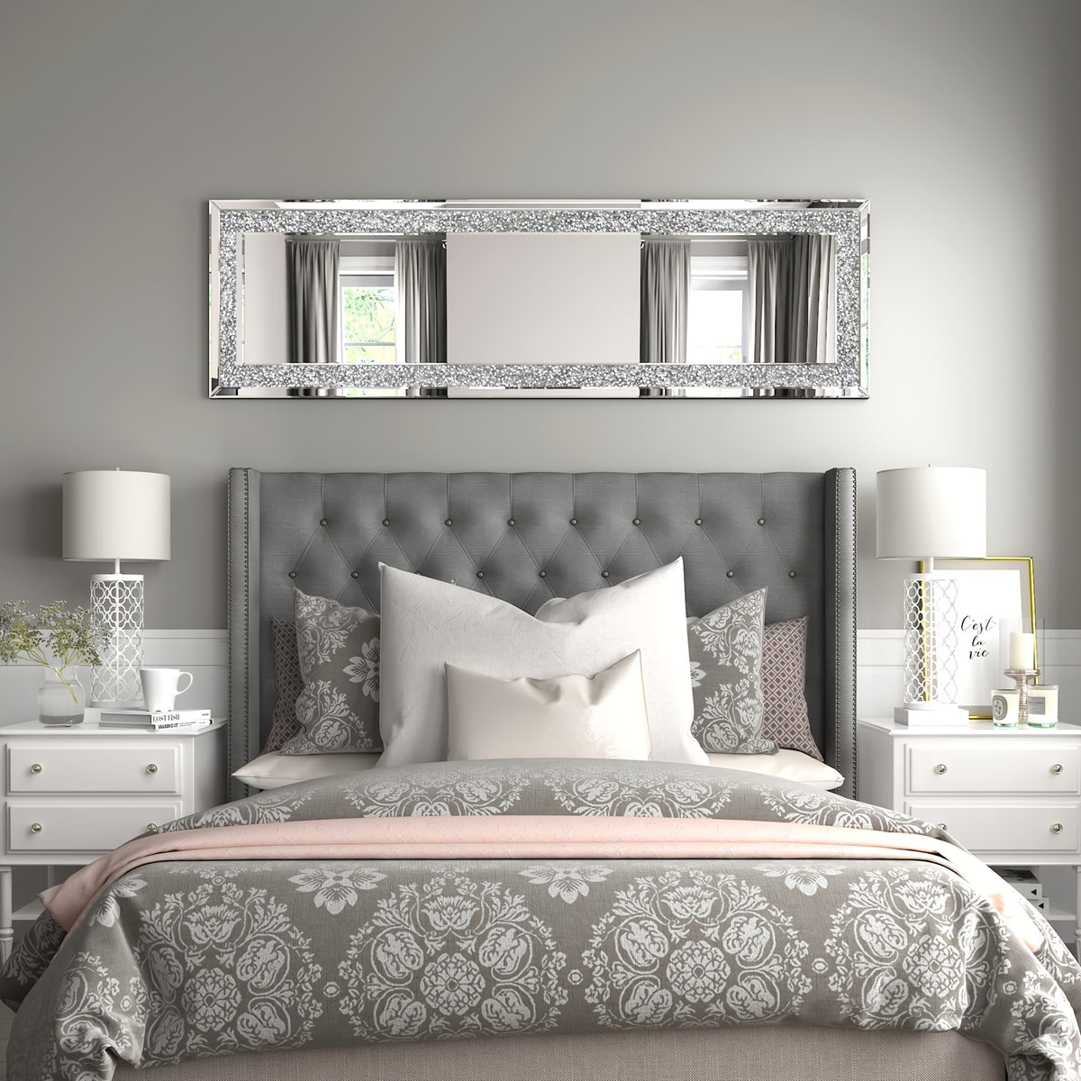 59" Luxury Crystal Diamond Framed Full-Length Mirror, Large Rectangular Floor-Standing Decorative Mirror, Modern And Light Luxury Design, Suitable for Bedrooms, Living Rooms, And Entryways