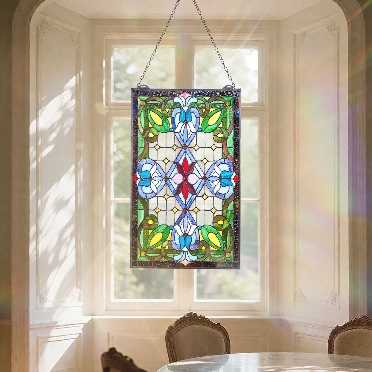 Stained Glass Tiffany Style Hanging Window Panel with Chain 17 x 29 Inches