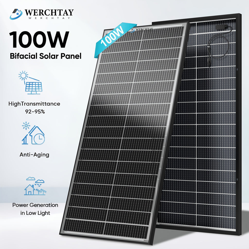 Werchtay 200W Solar Panel, 12V Monocrystalline High-conversion Photovoltaic Modules, Suitable for Off-grid Systems Such As RVs, Home Battery Charging, Stadiums, And Industrial Power Applications(100W*2/100W*1)
