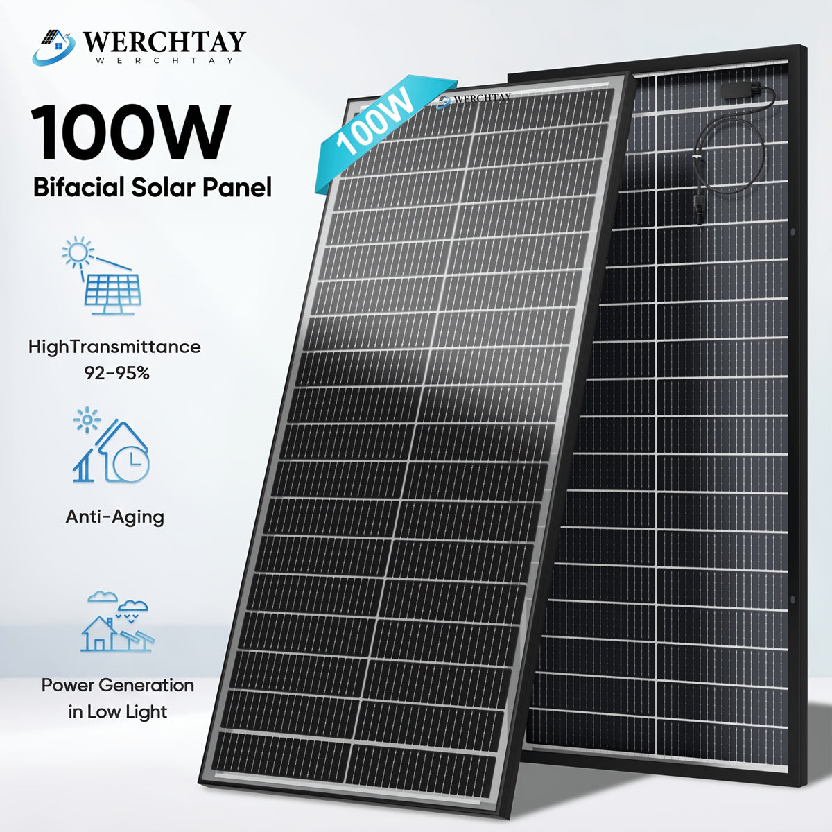 Werchtay 200W Solar Panel, 12V Monocrystalline High-conversion Photovoltaic Modules, Suitable for Off-grid Systems Such As RVs, Home Battery Charging, Stadiums, And Industrial Power Applications(100W*2/100W*1)