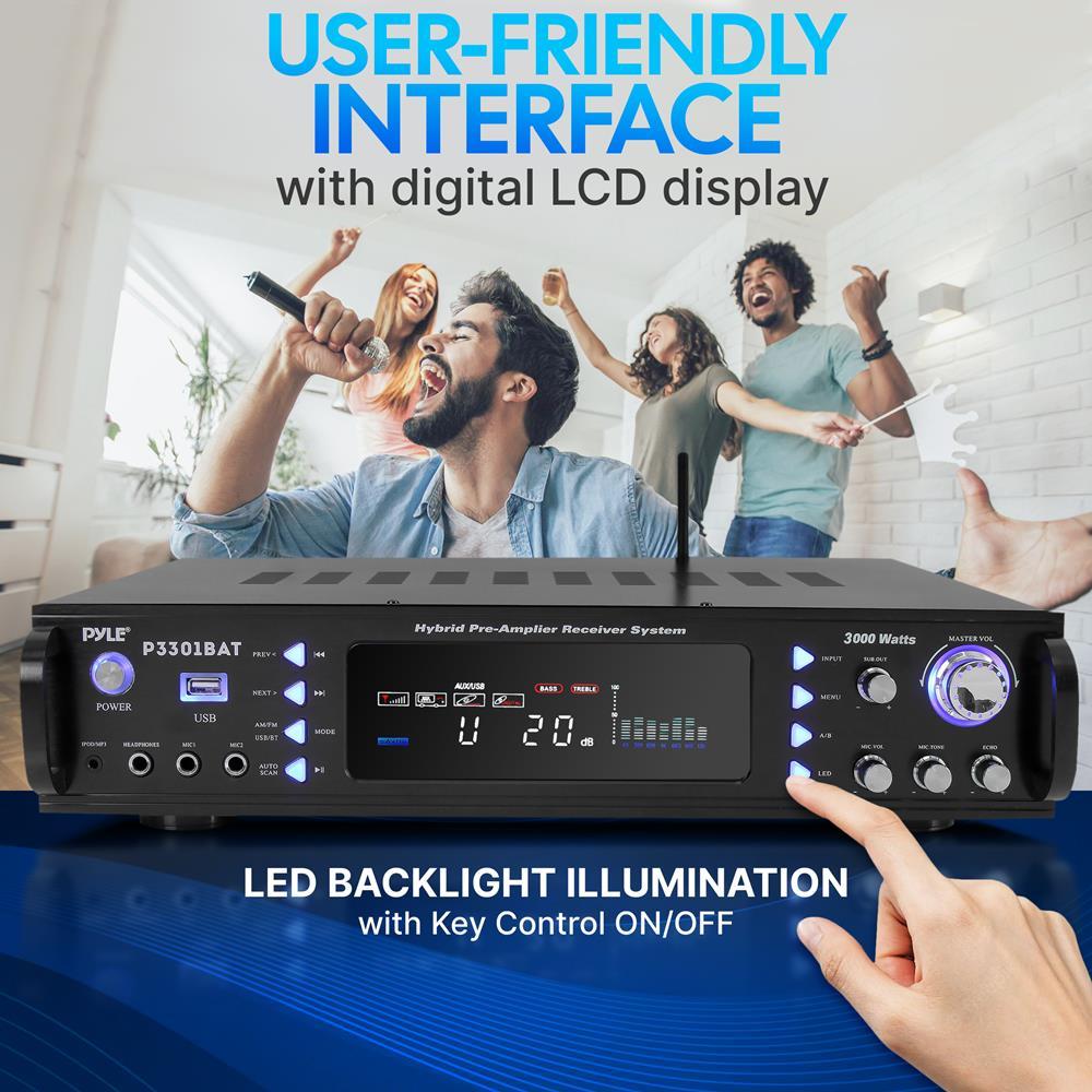 Stereo Amplifier Receiver with 3000W Peak Output, Bluetooth 5.0 and Dual Mic Inputs for Home Karaoke and Events