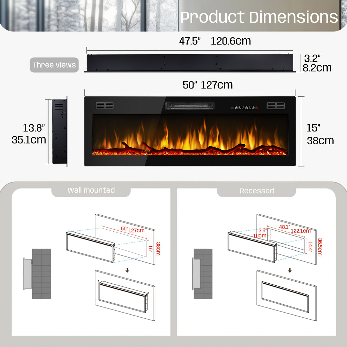 50/60/68/72 Inch Electric Fireplace, Recessed And Wall Mounted Fireplace, Fireplace Heater with Remote Control, Linear, Ultra-Thin Fireplace Heater with 12 Adjustable Flame Color, Log & Crystal Options, 750/1500W