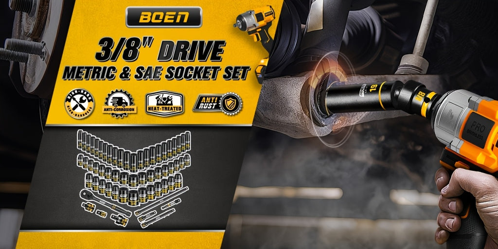 [60pcs Socket Set] BOEN 60pcs 3/8" Drive Impact Socket Set, 6-Point Sockets, Metric 6-22Mm & SAE 5/16"-3/4", Shallow & Deep Sockets, Ratchet Wrench Included, 7pcs 10Mm Sockets with Yellow Embossed Marking for Automotive Repair