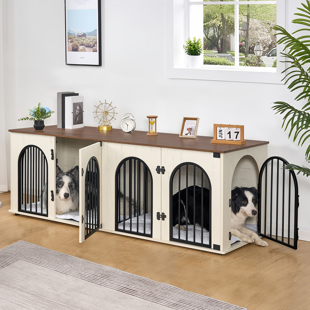 71" Heavy Duty Dog Kennels | Wooden Dog Crate Furniture for 2 Dogs, Small/Medium/Large, with Divider, Pads, Side Table, TV Cabinet, Anti-Chew, Anti-Escape, Black Golden/Greige/White/White Brown - HZUANERI