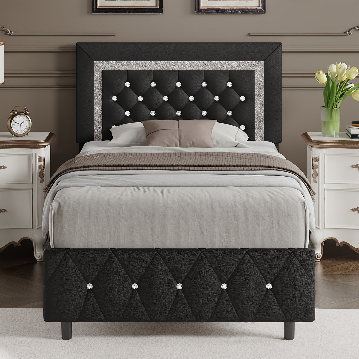 4ever2buy Twin Full Queen King Platform Bed Frame with Upholstered Diamond Headboard, Mattress Foundation with Strong Wooden Slats Support, No Box Spring Needed, Easy Assembly, Valentine's Day Gifts, Pearlized White, Black, Pink, Green, Grey, Beige