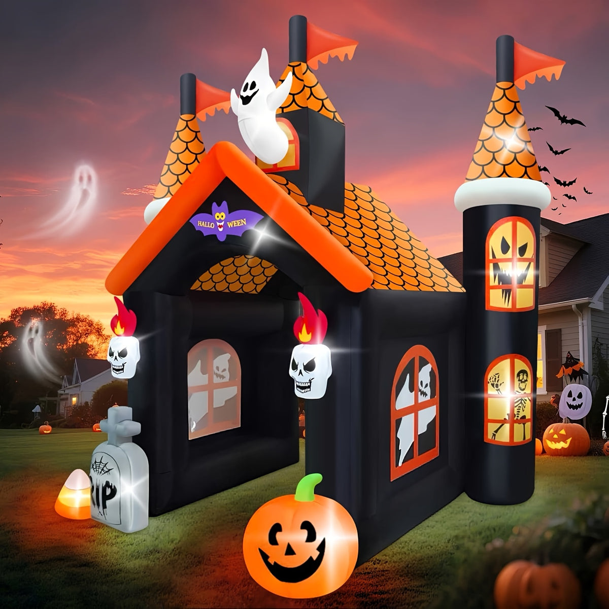 KALOARY Halloween Inflatable Archway 11-13 FT Blow-Up Arch in Witch, Ghost, Castle, Haunted House, Clown, Cemetery, Pumpkin Designs, Some with Built-In Lights, for Yard, Garden, Lawn, Indoor-Outdoor Halloween Party
