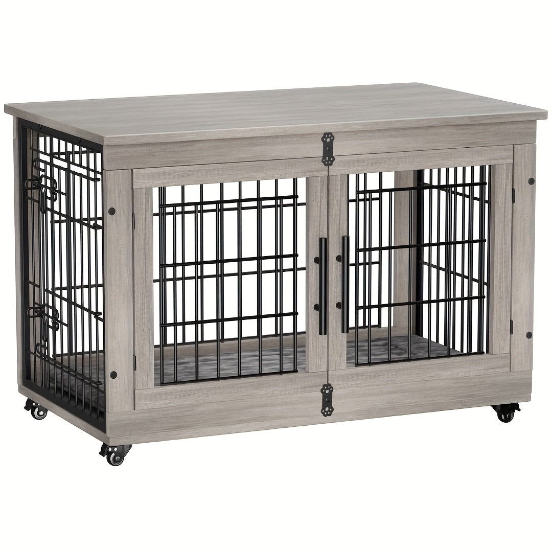 43/36/29/27in Furniture-style Wooden Dog Crate with Anti-Slip Mat, Adjustable Door, Secure Lock, Available In Gray/Brown, Easy to Move with Wheels Or Stable with Anti-Slip Foot Pads, Easy to Clean Pet Cage, Ideal for Home, Living Room Or Bedroom