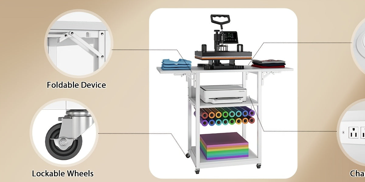 VISOUD 3-Tier Foldable Heat Press Machine Table, Portable Metal Stand with Vinyl Reel Holder, Heavy-Duty for DIY Sublimation Printer, White - Crafts, Crafts & Sewing Supplies, Heat Press Machine Accessories