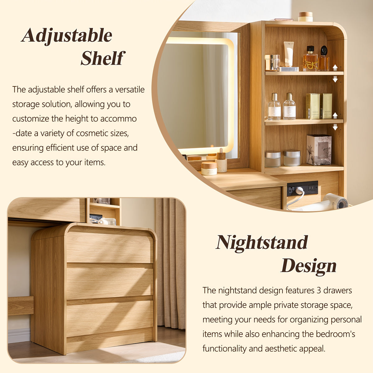 Makeup Vanity Desk with 5 Drawers, Vanity Table with Touch Screen LED Mirror & Charging Station for Bedroom, Adjustable Shelf, Curved Profile Design