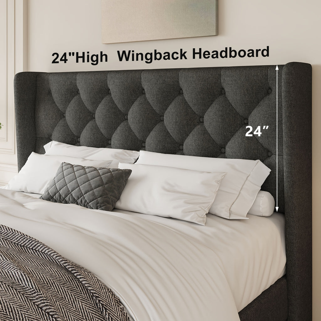 Valnase Modern Style Platform Bed Frame with 24"H Button Tufted Headboard, Solid Wood Slats Support, Artistic Legs Design - Dark Grey/Light Grey/Black Linen & White Velvet Options, Bed Frame for Home Bedroom