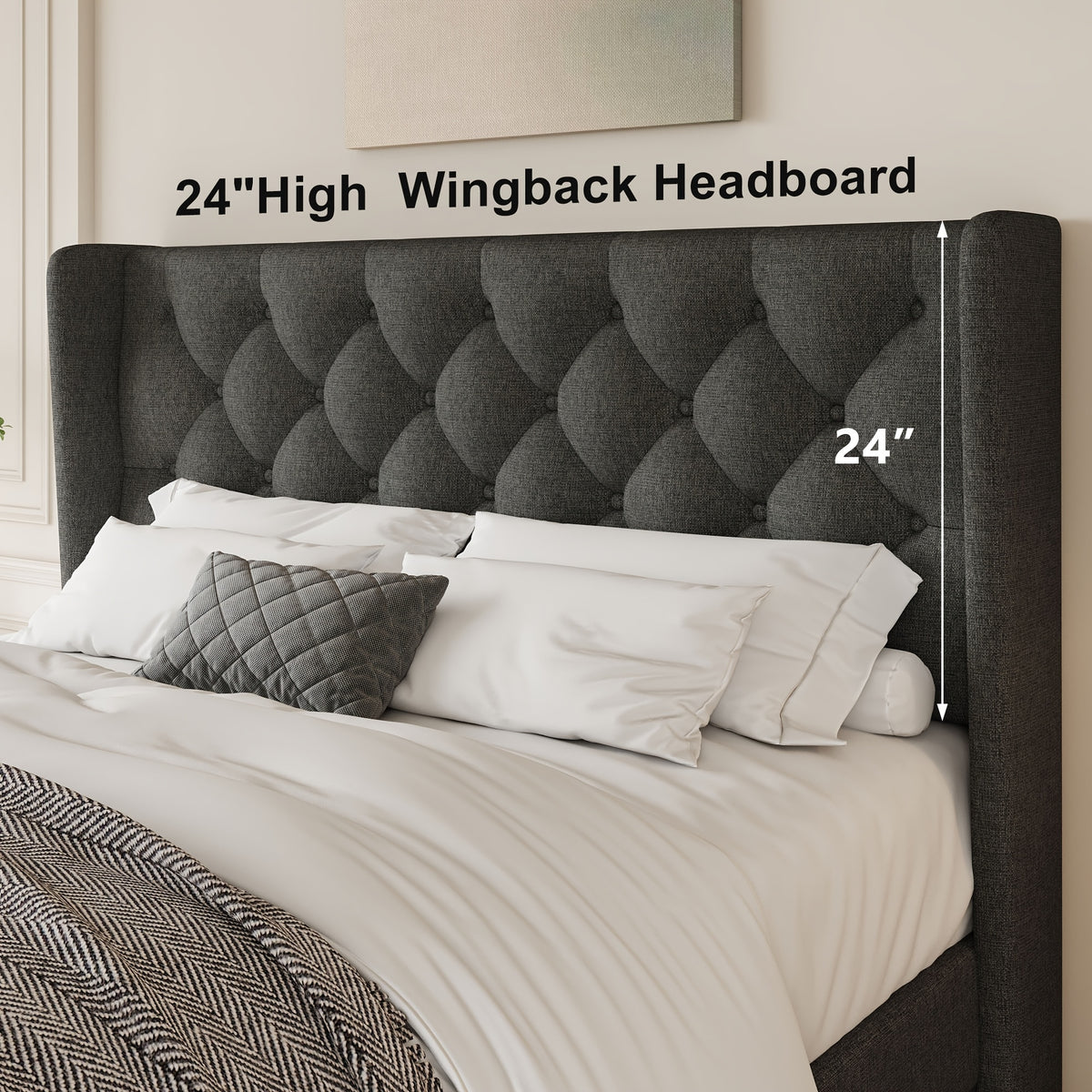 Valnase Modern Style Platform Bed Frame with 24"H Button Tufted Headboard, Solid Wood Slats Support, Artistic Legs Design - Dark Grey/Light Grey/Black Linen & White Velvet Options, Bed Frame for Home Bedroom