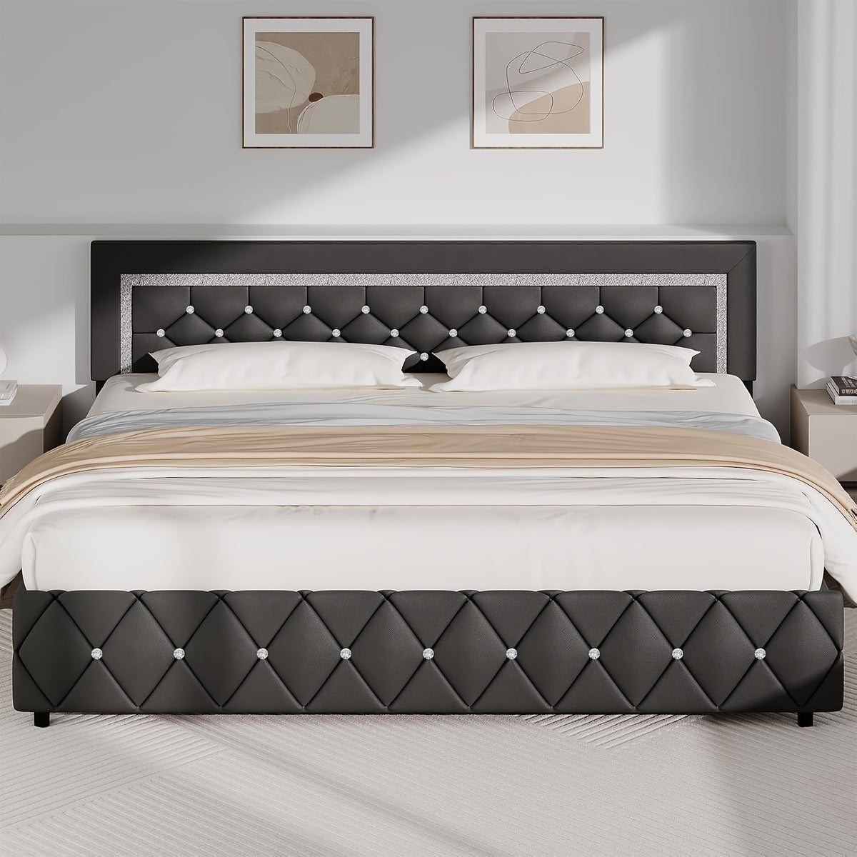 Halloween Twin Full Queen King Upholstered Bed Frame, Diamond Tufted Headboard, Faux Leather Bed Frame With Headboard & Footboard, Wooden Slats Support, No Box Spring Needed, Easy Assembly, Black/White/Pink/Green Christmas