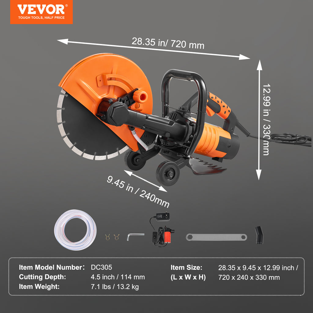 VEVOR Electric Concrete Saw, 12 in, 1800 W Motor Circular Saw Cutter with Max. 4.5 in Adjustable Cutting Depth, Wet Disk Saw Cutter Includes Water Line, Pump and Blade, for Stone, Brick