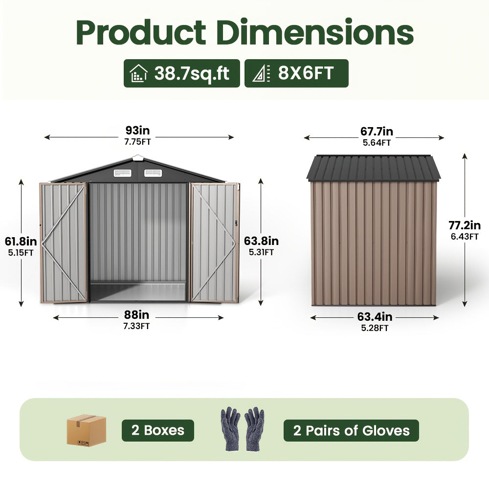 [Metal Storage Shed] 8x6ft (7.33'x5.28' Base, No Floor), 6 X 4ft, 10x12ft, 10x14ft, Metal Steel Outdoor Storage Shed with Air Vent & Lockable Doors, for Garden, Patio And Backyard, Tools, Bike