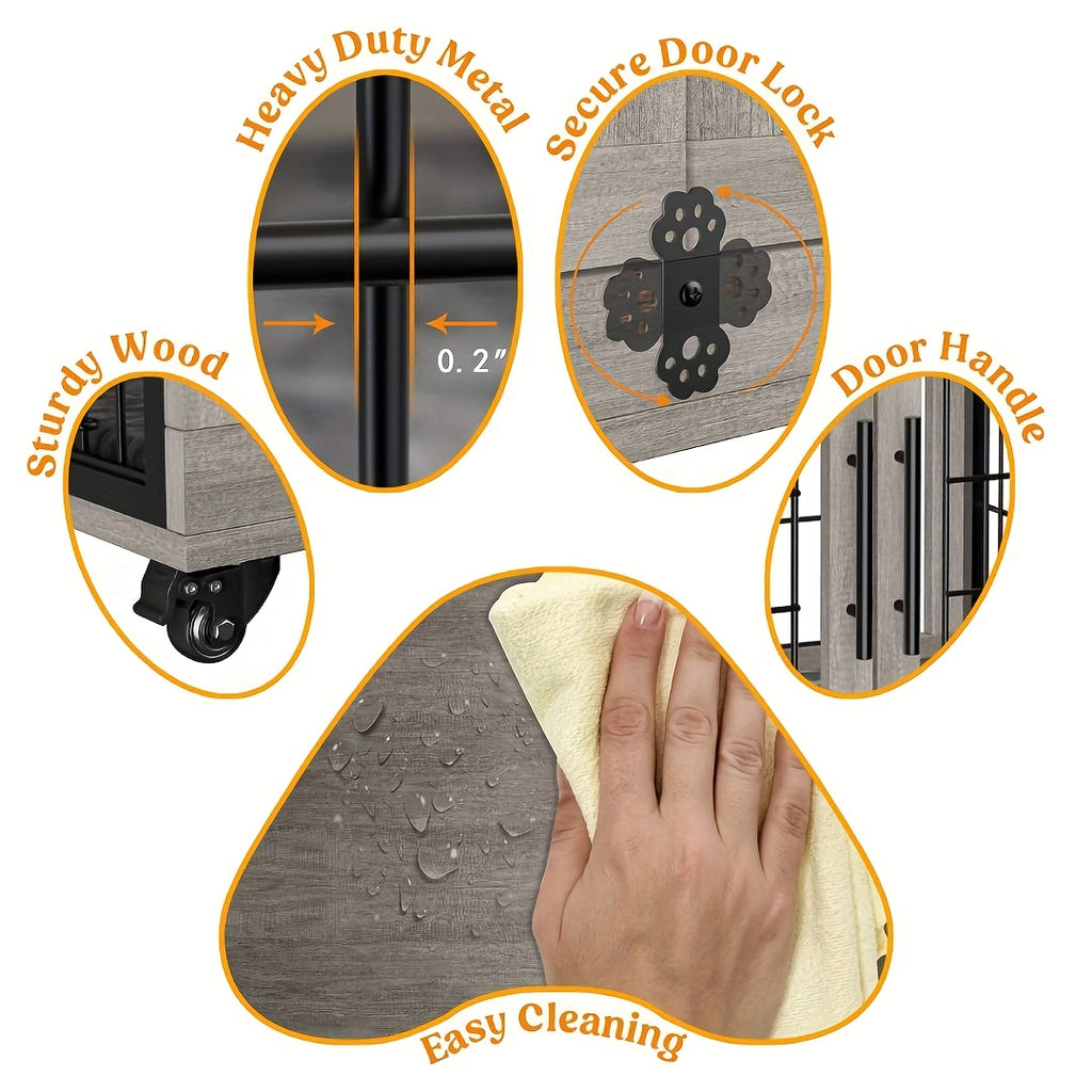 43/36/29/27in Furniture-style Wooden Dog Crate with Anti-Slip Mat, Adjustable Door, Secure Lock, Available In Gray/Brown, Easy to Move with Wheels Or Stable with Anti-Slip Foot Pads, Easy to Clean Pet Cage, Ideal for Home, Living Room Or Bedroom