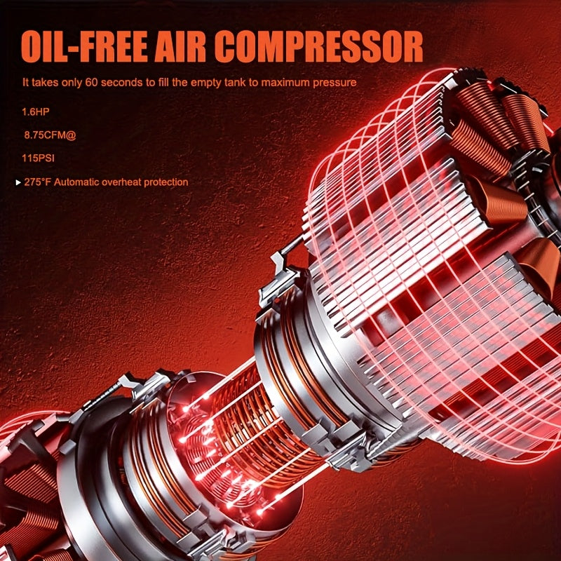 Ultra Quiet 14/10/8 Gallon Oil-Free Air Compressor With Wheels, Fast 60-Second Inflation, 3.5MPA Durable Design & Automaticoverheat Protection For Home/Commercial Use