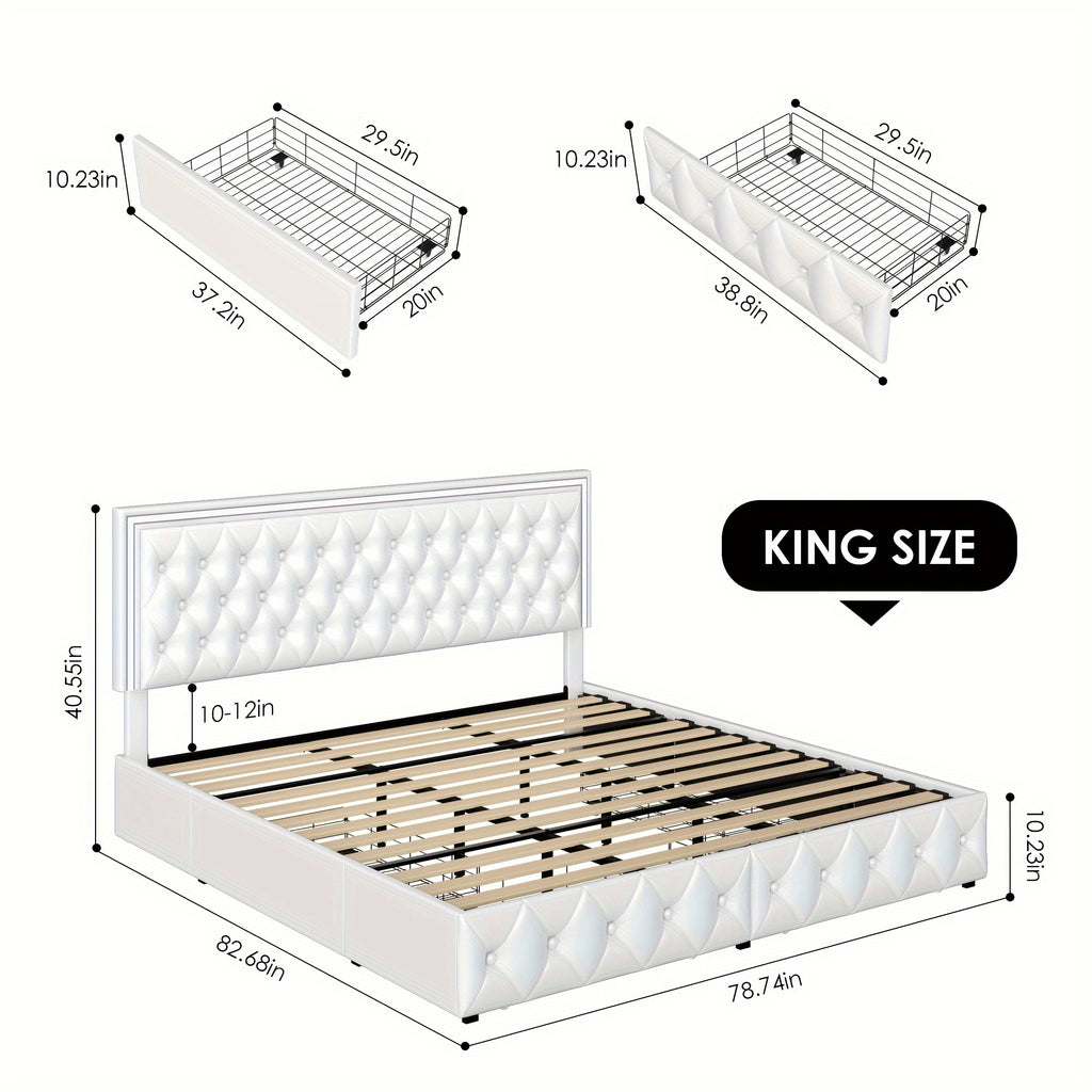 Full/Queen/King Size Modern Bed Frame with LED Headboard & 4 Storage Drawers - Upholstered Platform Bed, Button Tufted Headboard Suitable for Beige/White/Black - Assembly, No Box Spring Needed, Wood-Free