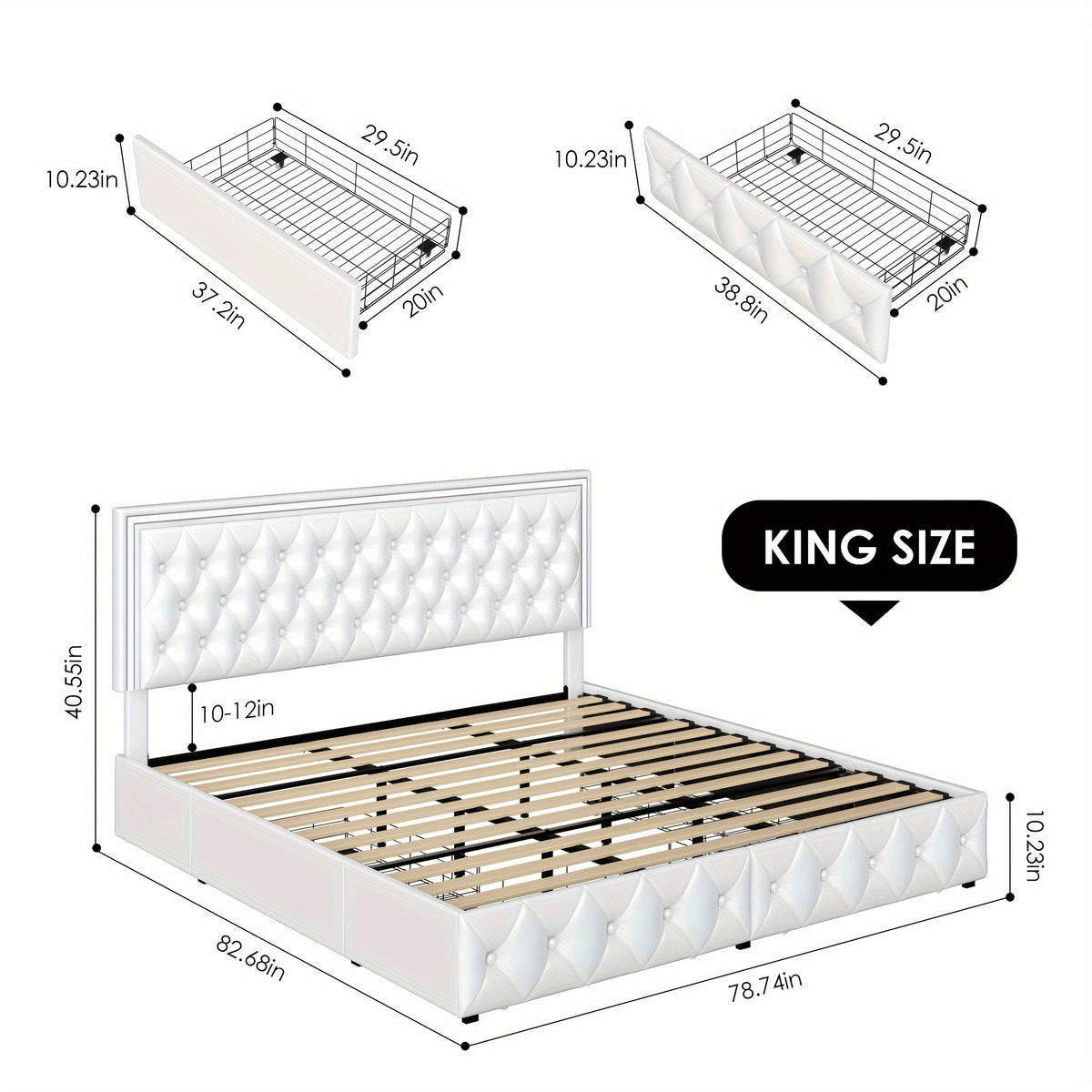 Full/Queen/King Size Modern Bed Frame with LED Headboard & 4 Storage Drawers - Upholstered Platform Bed, Button Tufted Headboard Suitable for Beige/White/Black - Assembly, No Box Spring Needed, Wood-Free