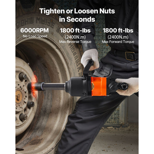 1-Inch Pneumatic Impact Wrench with 6-Inch Extended Anvil, 1800 ft-lbs Breakaway Torque for Automotive Work