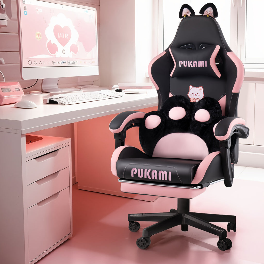 Adorable Pink Gaming Chair Featuring Cat Ears And a Paw-Shaped Lumbar Cushion, Designed Ergonomically For, Complete with a Footrest And Headrest, Providing a Cozy Reclining Experience for Both Adults And Teens