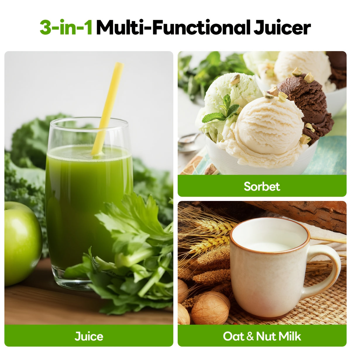 6" Wide Mouth Slow Juicer, 3-in-1 with 3 Interchangeable Filters, for Juice/Sorbet/Nut Milk, Hands-Free & Easy Clean, 3-in-1 with 3 Interchangeable Filters