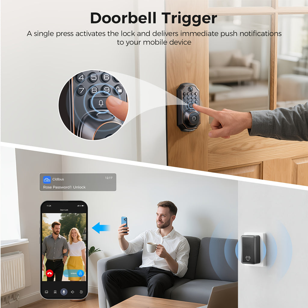 Smart Keypad Door Lock - Keyless Entry Door Lock - Front and Rear Locks and Doorbell - Remote Control, Fingerprint, Two-Way Voice Video and Call, Photo, Recording, APP Control, Voice, 150 Code Smart Deadbolt Lock - Anti-Peeping Password