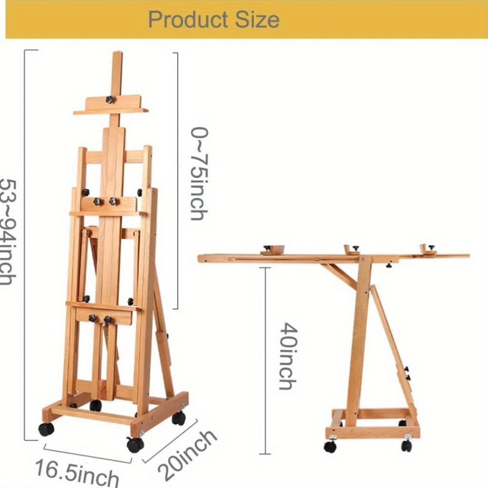 H Frame Easel Multi-Function Studio Easel Solid Beech Wood Easel Adjustable Painting Canvas Holder Stand Tilts Flat Artist Easel with Locking Caster Wheels