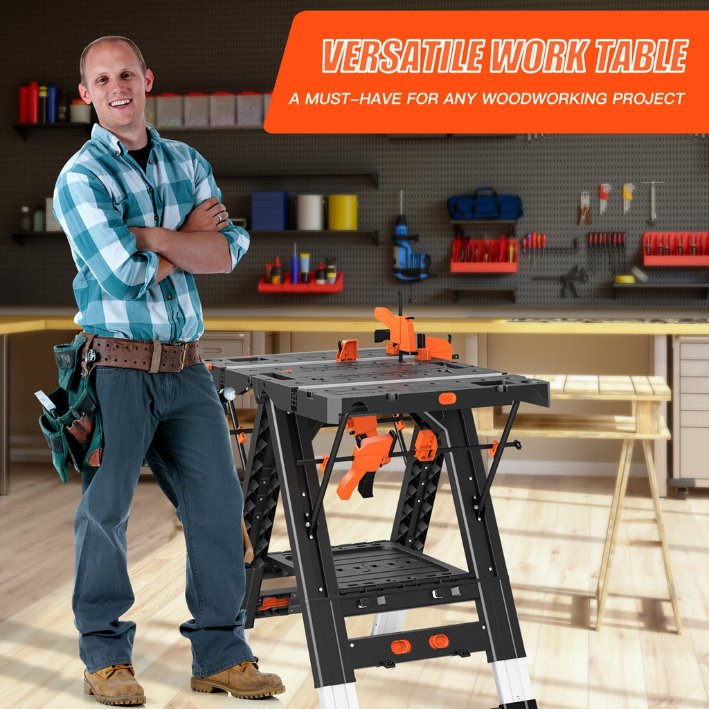 Folding Workbench, 2-in-1 Waterproof Portable Folding Work Table, 31" W X 25" D X 32" H Workbench, Height-Adjustable Work Table with 4 Woodworking Clamps, 4 Connecting Blocks, 2 Limit Blocks