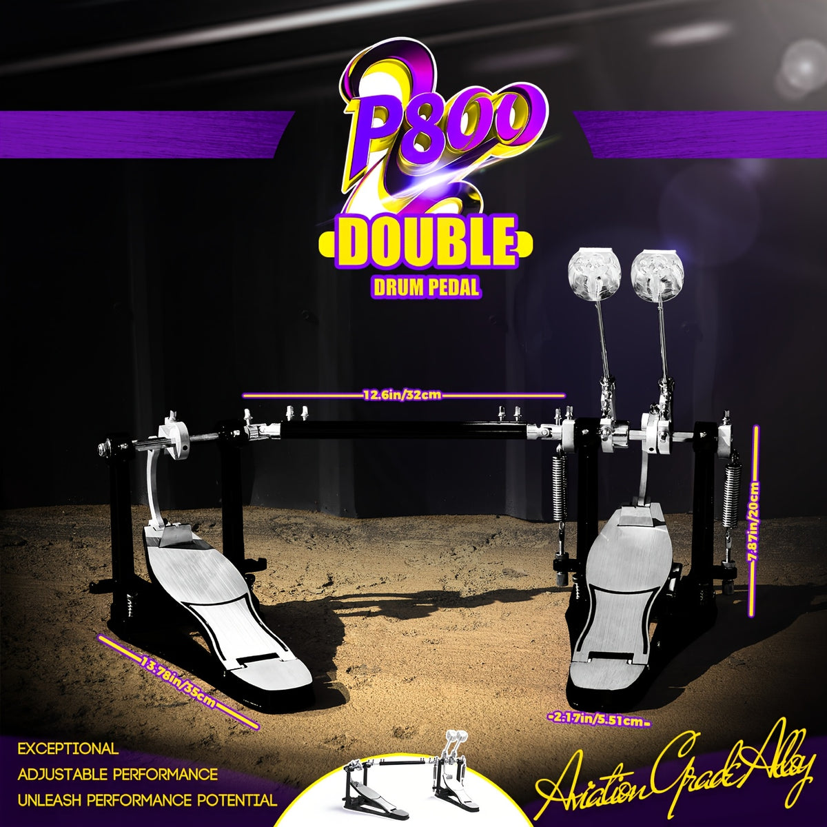 PD Direct-Drive Double Bass Pedal Dual Chain, Adjustable Metal Footboard, Smooth & Responsive with Metal Frame for Acoustic & Electronic Drums, Holiday Gift