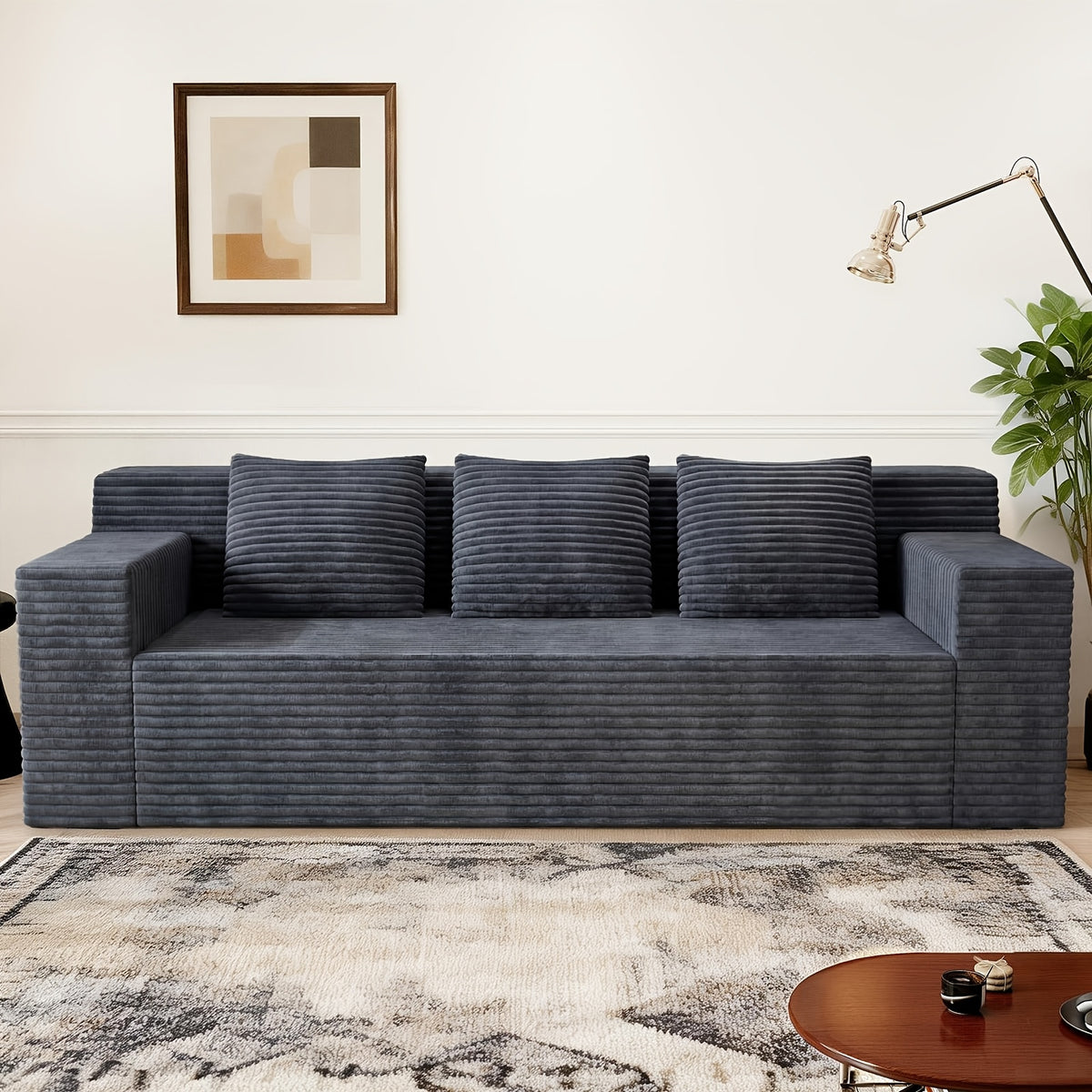 43.3-80.7" Corduroy Living Room Sofa, 3 Setaser Deep Seat Couch With 3 Lumbar Pillows, Comfy Boneless Sofa Modern Compressed Couch For Bedroom, Office, Apartment