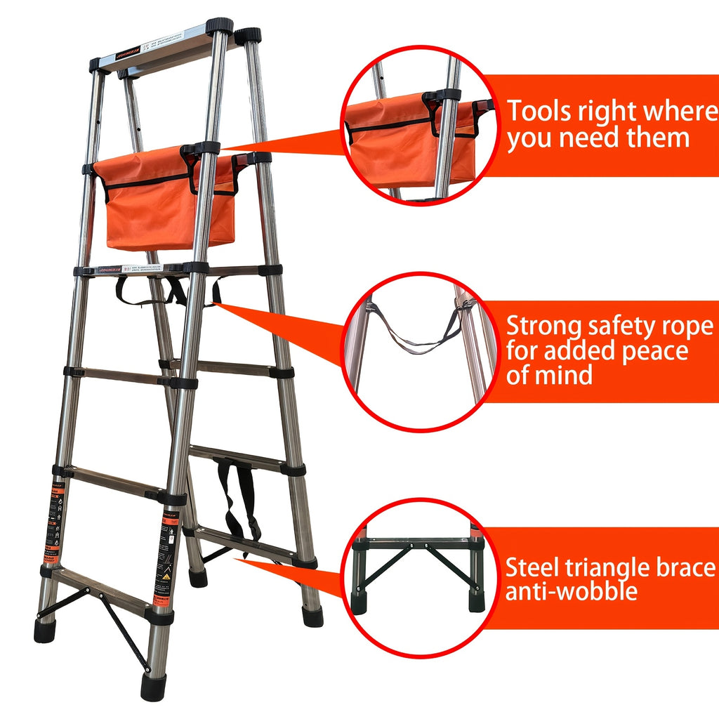 6.5-foot 7-Step Telescoping Ladder - Anti-Shake and Anti-Slip Portable Folding Ladder - Walkable A-Frame Household and Outdoor Work Multi-Purpose Ladder, 330 Pounds per Step